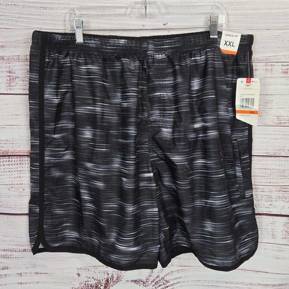 Speedo Men's Black Stripe Swim Suit Trunks Size XXL Lined Boardshort Coastal NWT